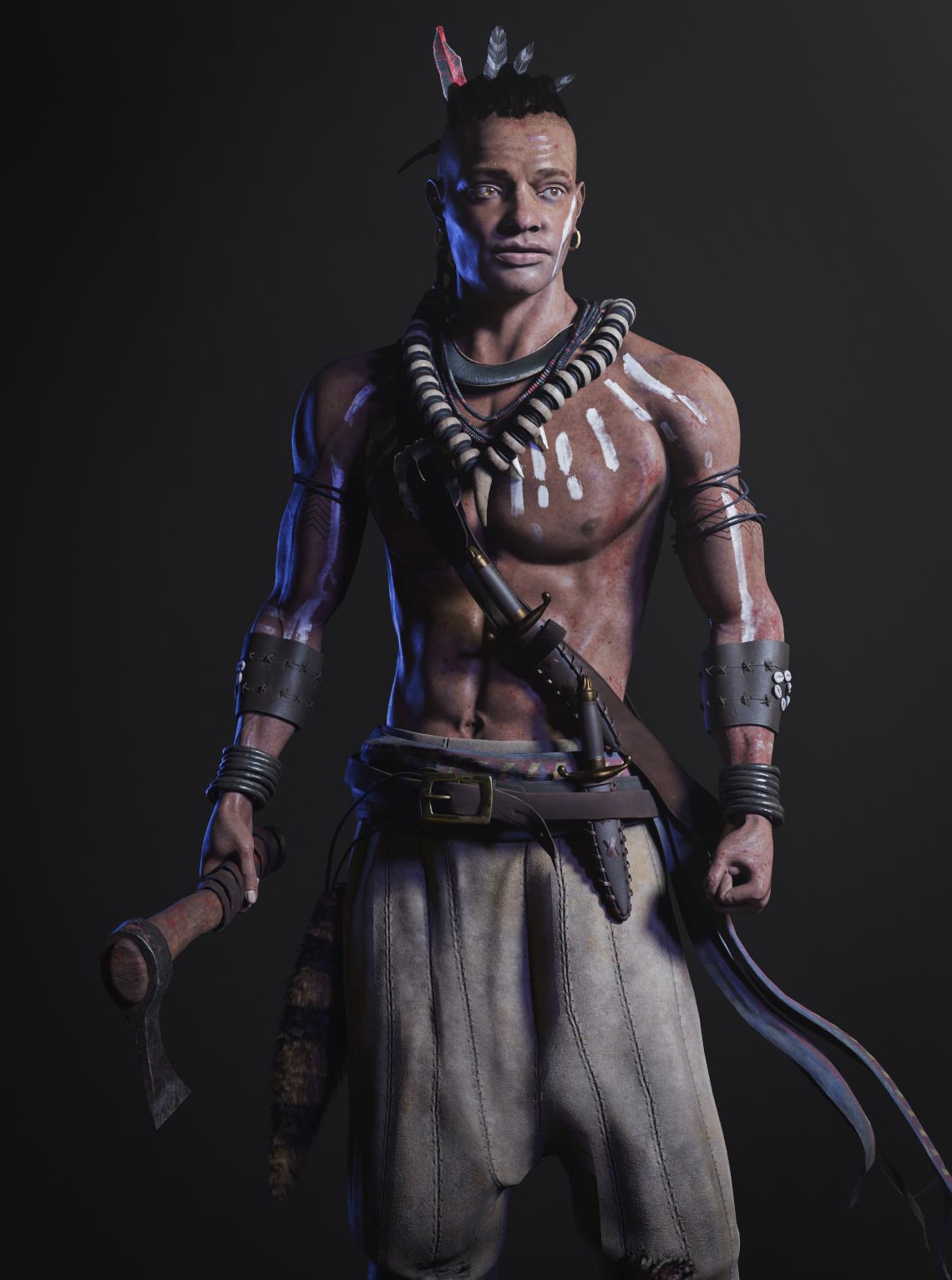 Modelowanie postaci 3D – render realistycznego wojownika plemiennego (zbliżenie).