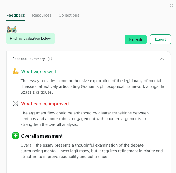 Screenshot of thesify feedback summary, showing strengths, areas for improvement, and overall assessment of an academic paper.