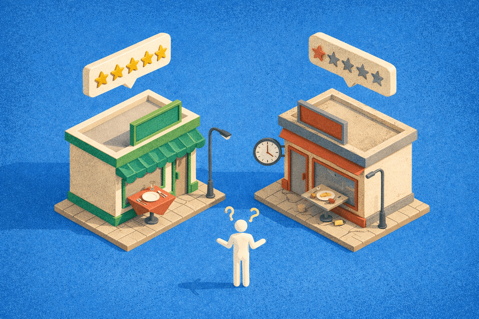 Customer choosing between two restaurants based on ratings, highlighting the impact of reviews on decision making