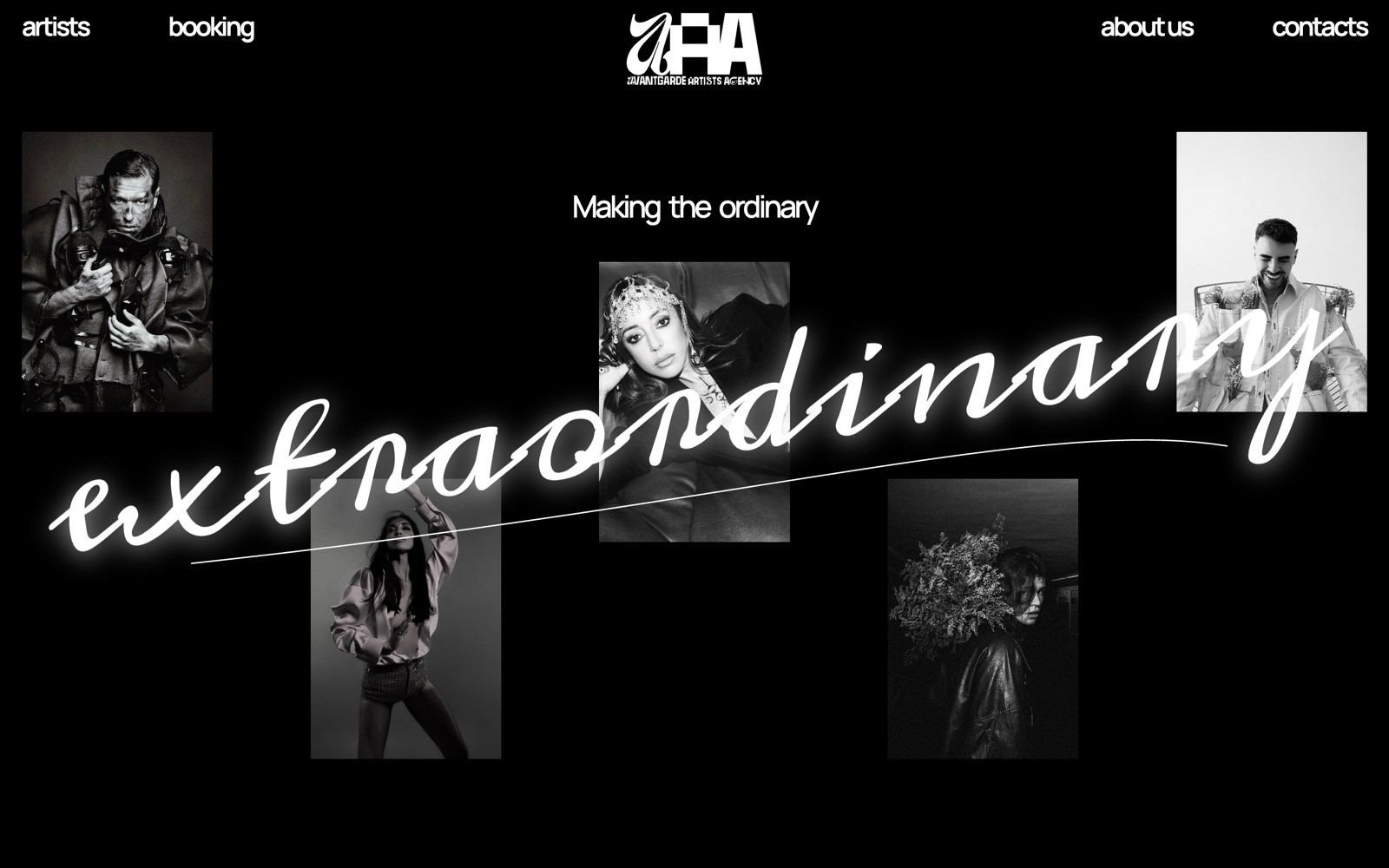 Black and white collage of edgy, fashion-forward portraits. Large cursive text reads "extraordinary" with "Making the ordinary" above.