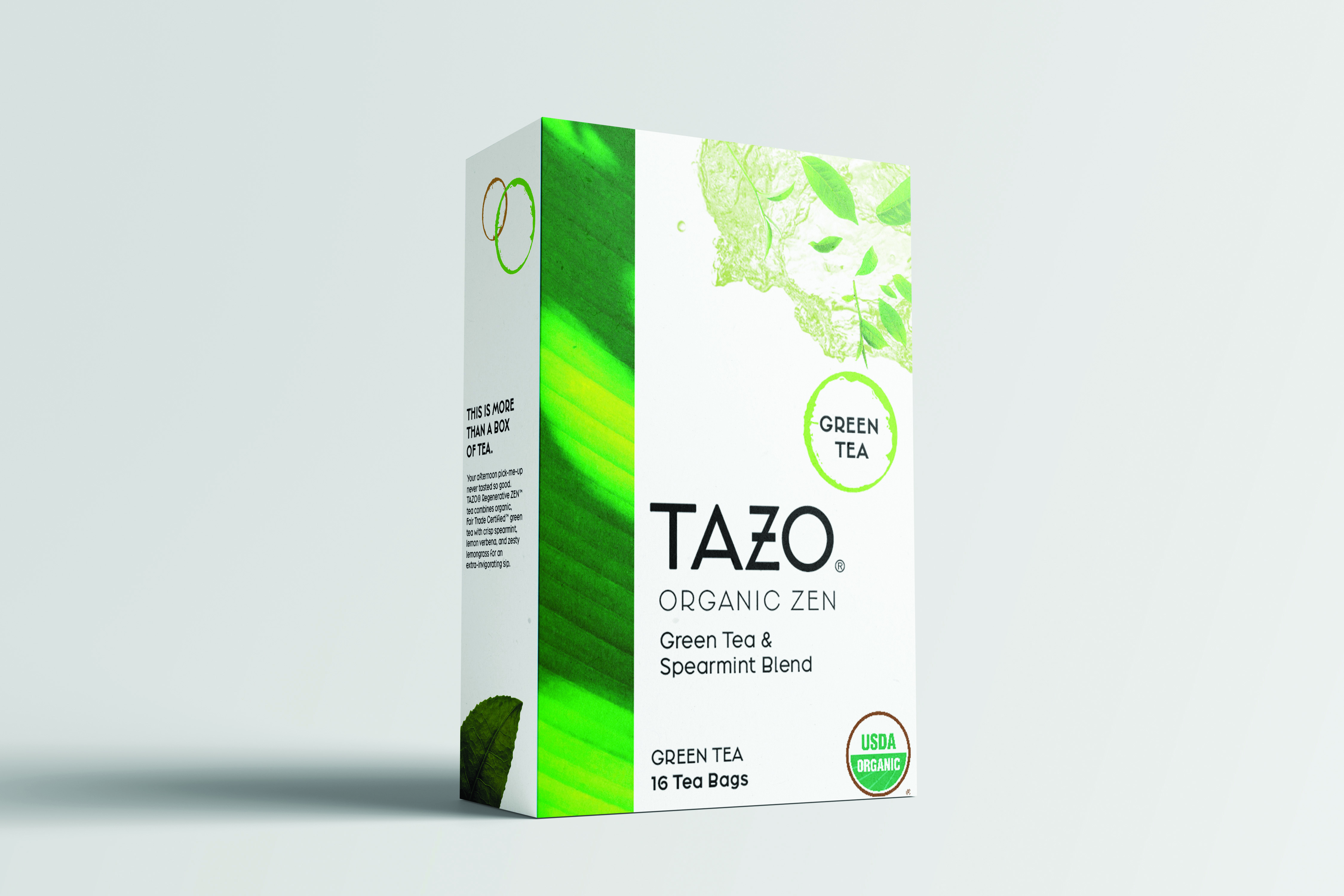 mockup of a Tazo Tea organic zen box with the front and side labels in display