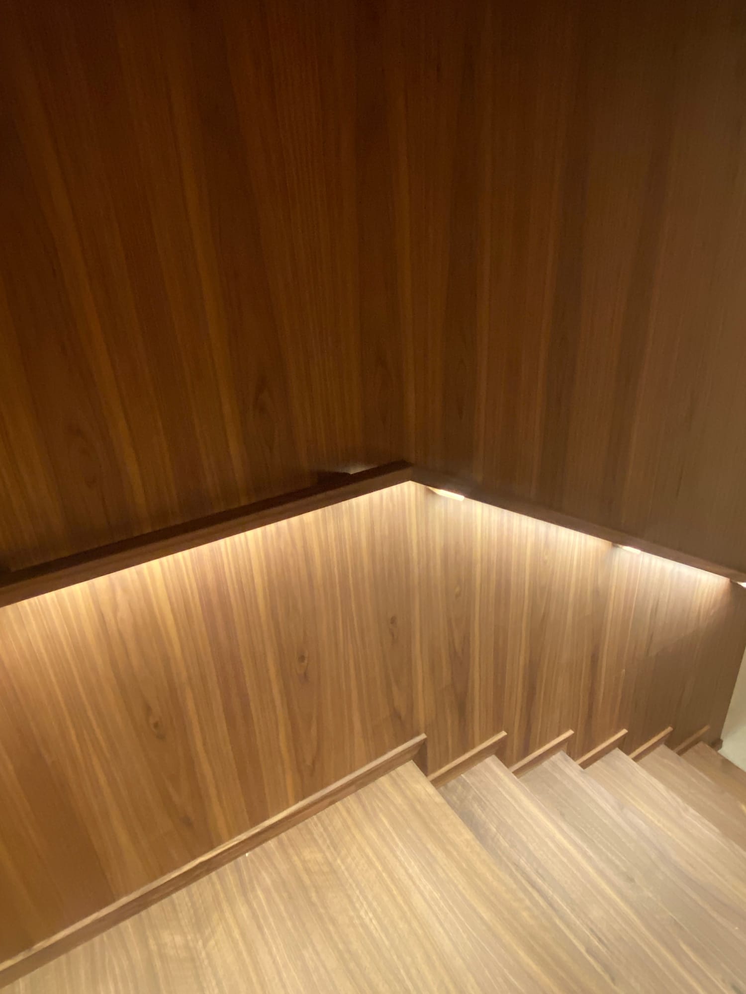 Concealed light along the walnut handrail