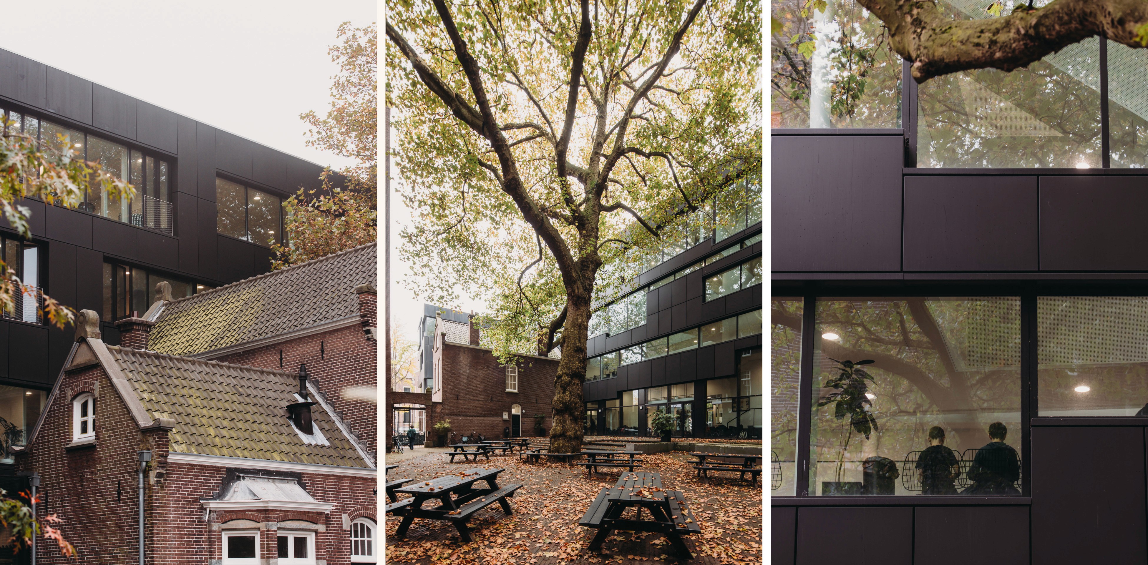 Photo of the exterior of the Metis Montessori Lyceum, seen from the courtyard, with some detailed shots of the facade