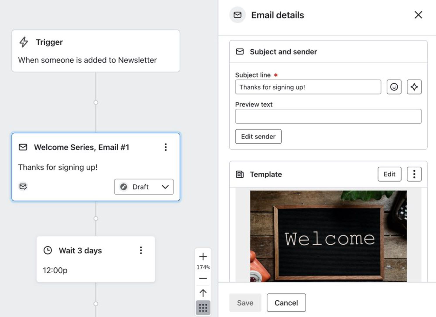 Design Your Email.jpg: "Email message editor in Klaviyo, showing fields for subject line, preview text, and sender information alongside template selection."