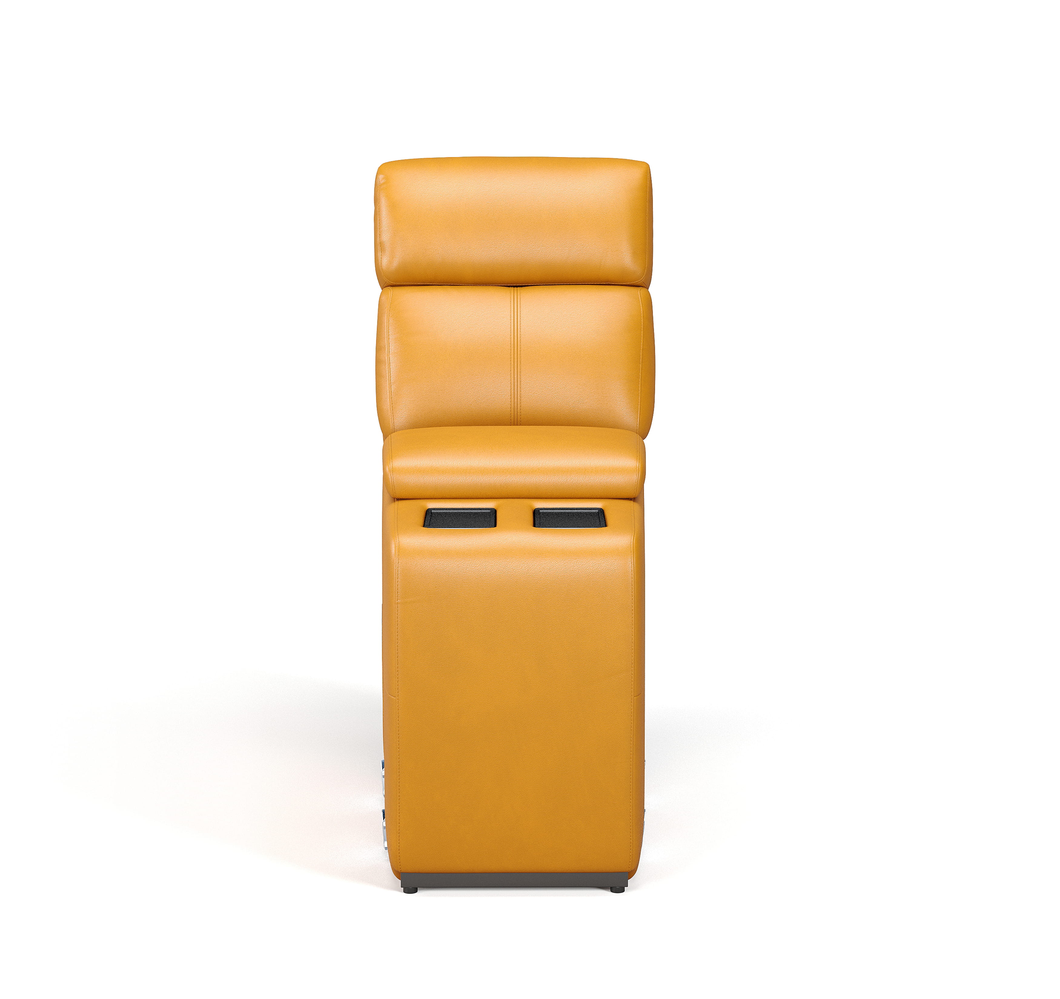 Front view of recliner chair with padded backrest and console unit