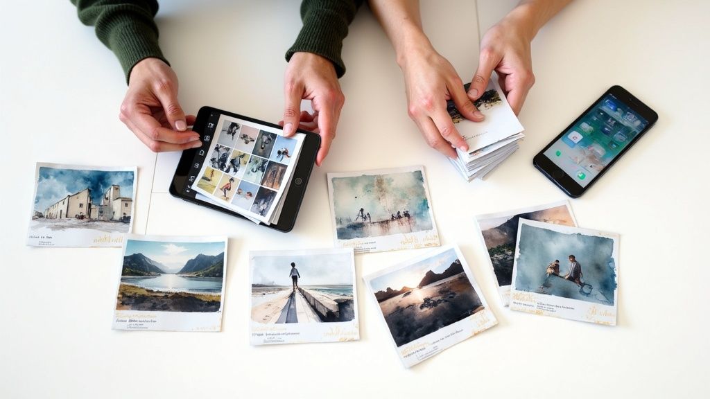 Two sets of hands sorting and admiring small watercolor art prints around a tablet and smartphone.