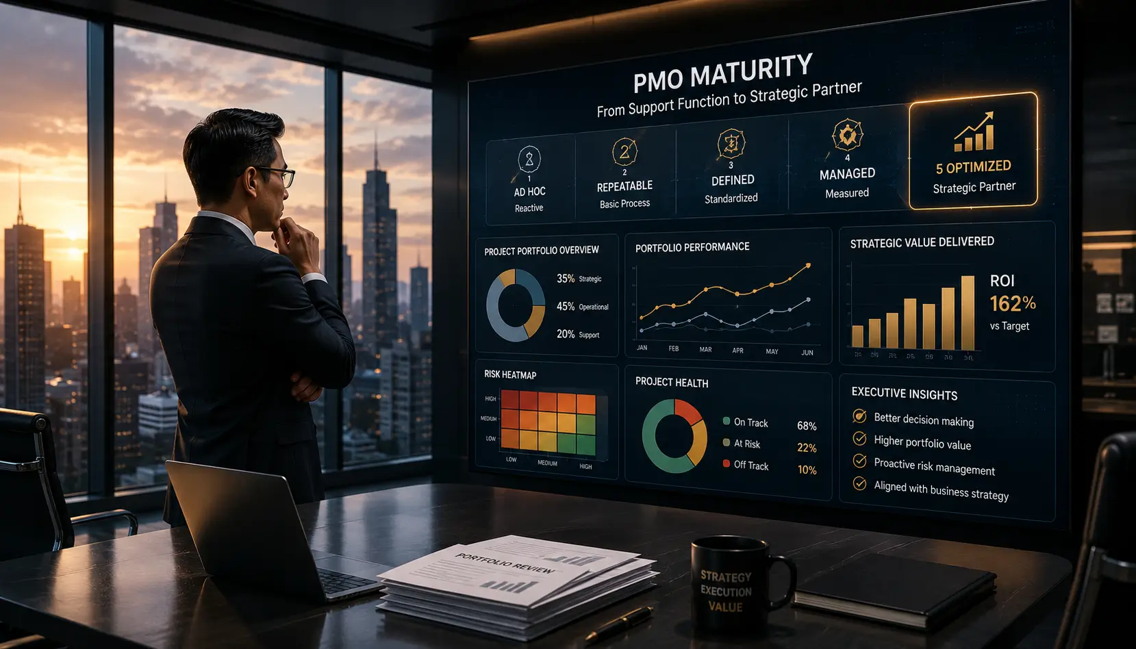 Infografis 5 level pmo maturity dari ad hoc menuju optimized strategic partner.