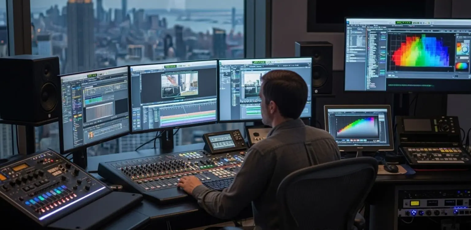 Freelance Video Editor New York working with the nyc skyline view.
