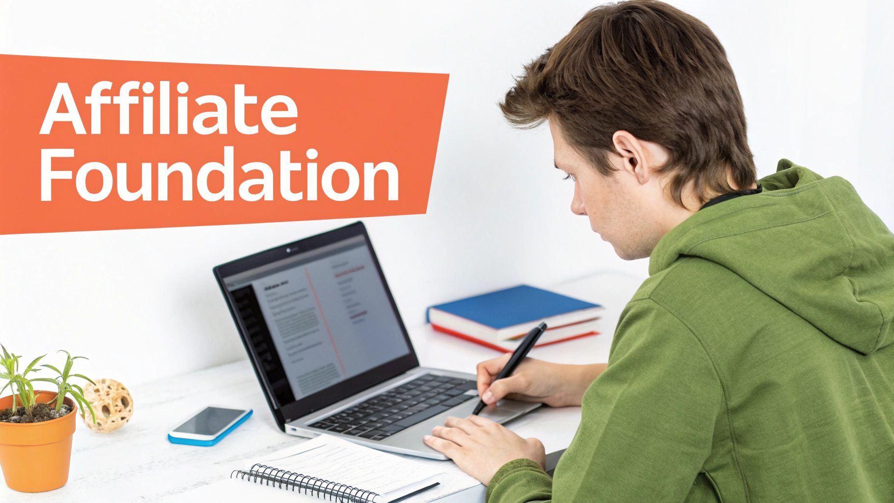 A young man studying on a laptop and writing notes, with 'Affiliate Foundation' text.