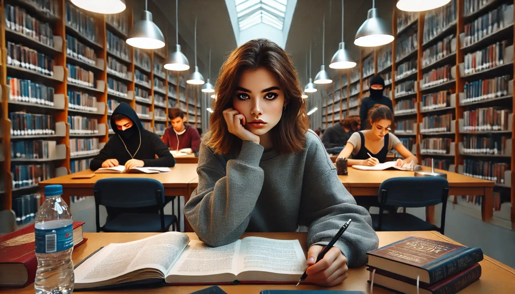 chica intentando estudiar en la biblioteca, empanada