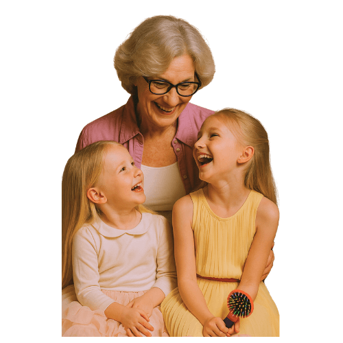 A woman sits cross-legged with eyes closed, wearing a white blouse and a long purple skirt, looking serene.