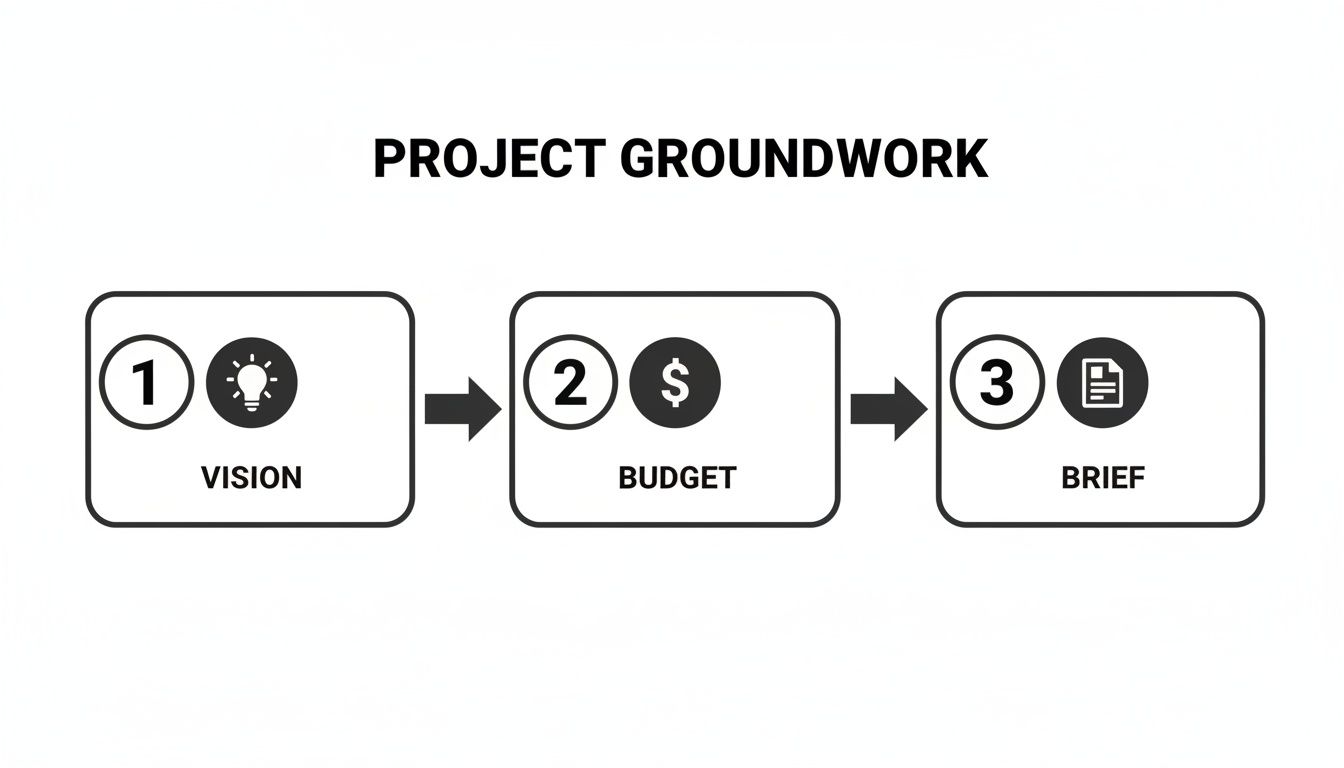 A visual guide illustrating project groundwork steps: 1. Vision, 2. Budget, 3. Brief.