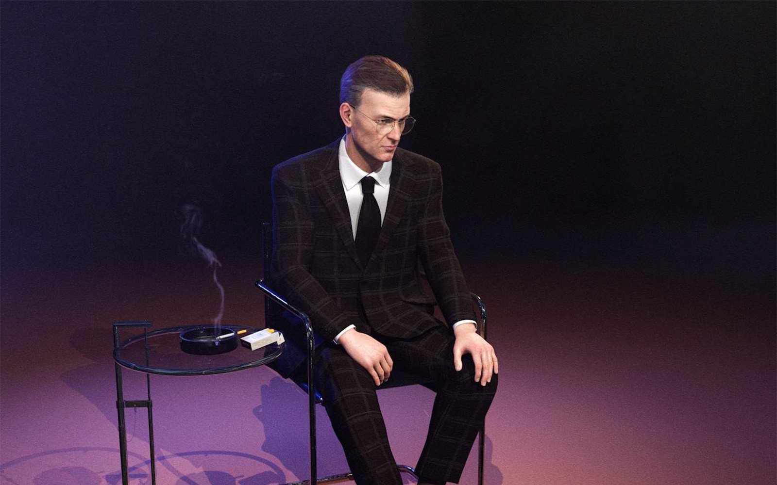 Man in a suit sitting on a chair next to a table with a cigarette and ashtray, Ed Atkins, The Worm, 2021.