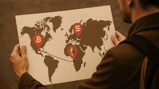 Person pointing at a world map with red location markers.