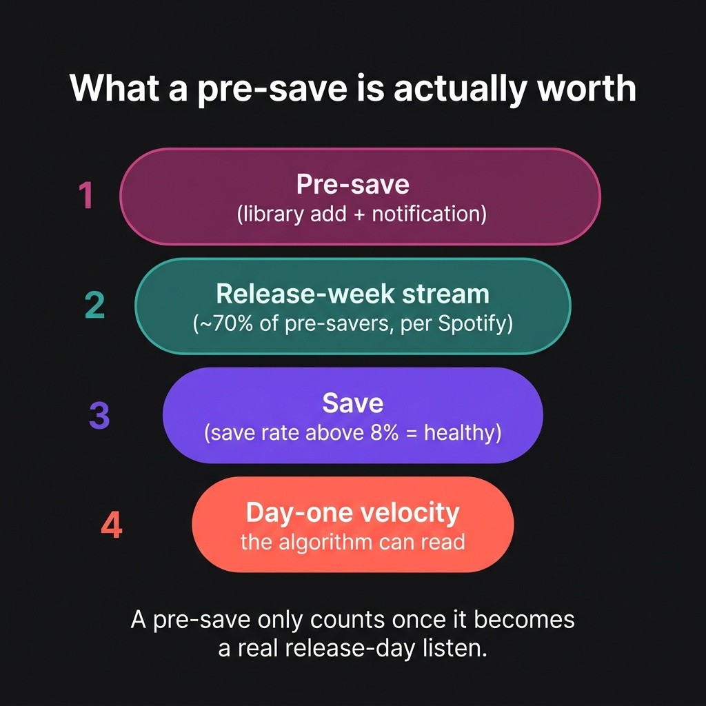 Funnel showing pre-saves converting to release-week streams, then saves, then algorithmic consideration