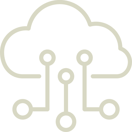 Cloud computing technology icon with circuit connections representing data networks and digital infrastructure.