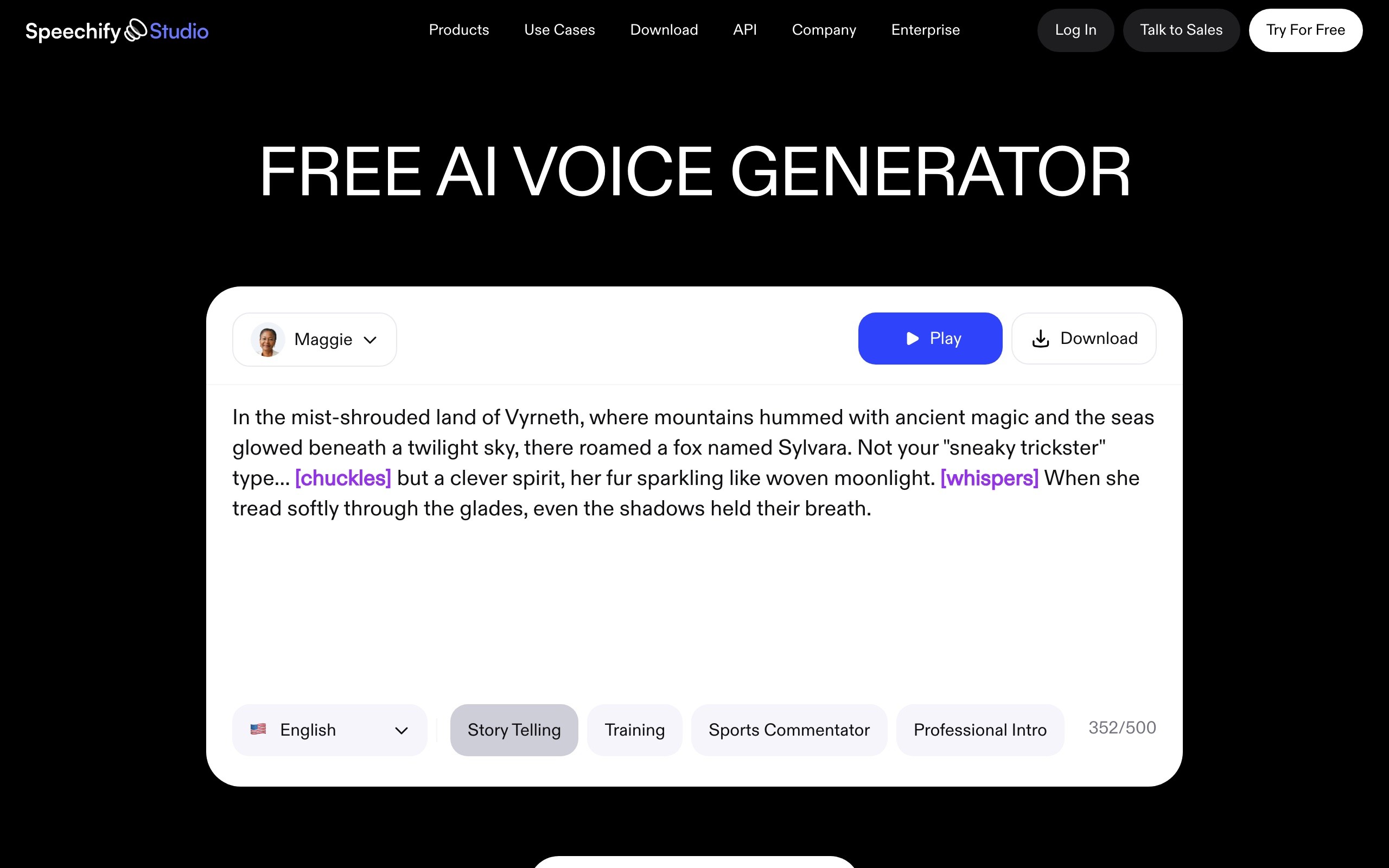 Speechify Studio’s voice generator, with a voice picker, Play and Download buttons