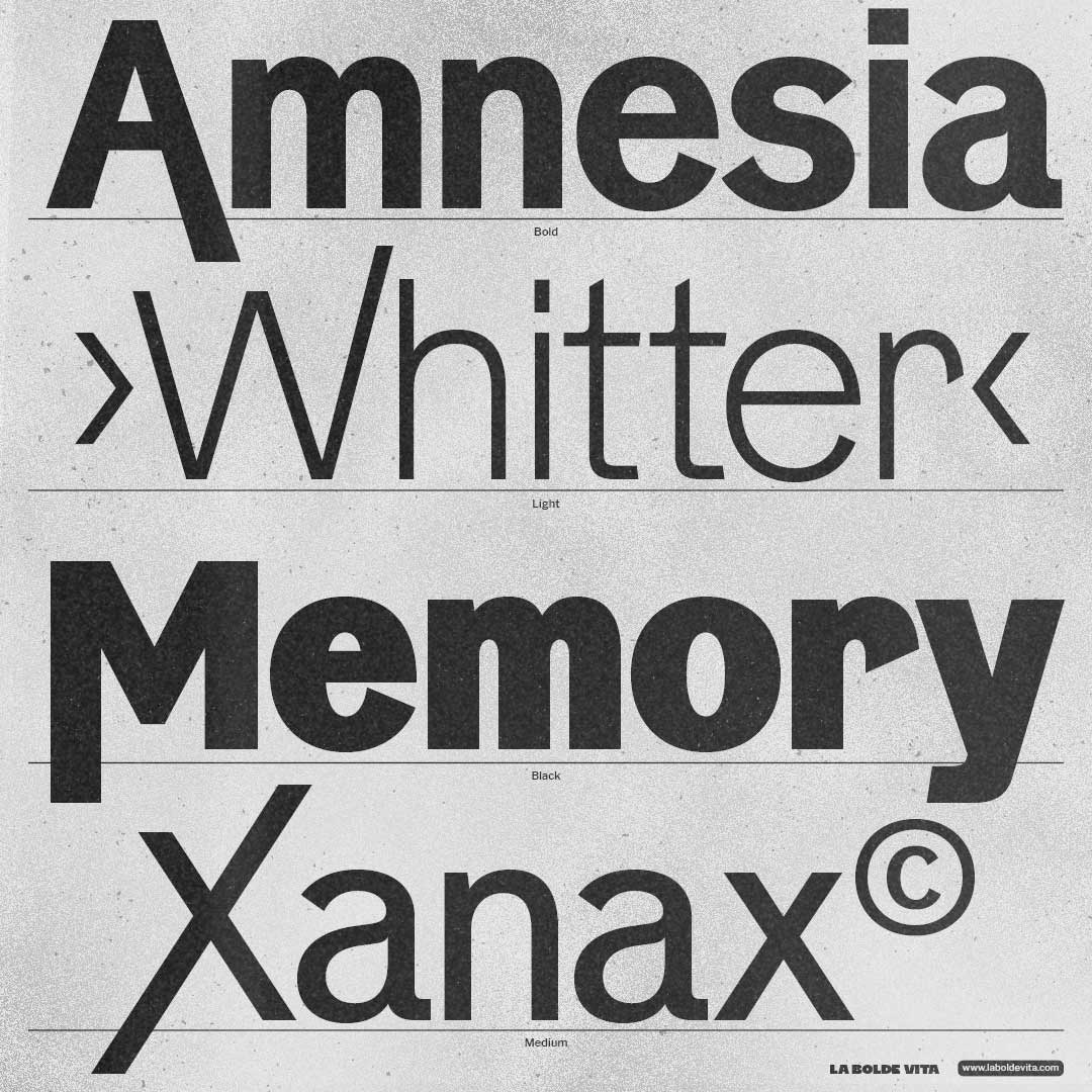 four sample words from Neptun Nord showing weights and alternate letters in black on noisy grey