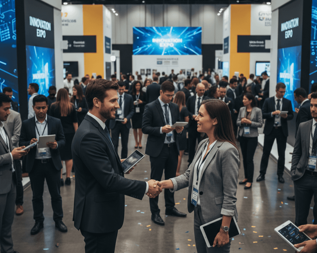 Sales team meeting a potential customer at an expo booth during a face-to-face lead capture conversation.