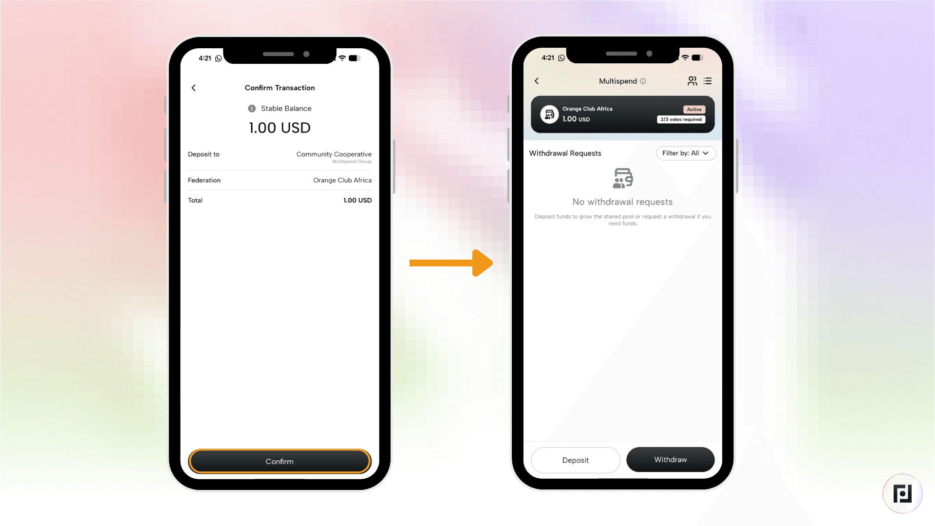 Tela de confirmação de transação do aplicativo Fedi mostrando um depósito de 1,00 USD em Stable Balance para o grupo Community Cooperative Multispend através da federação Orange Club Africa