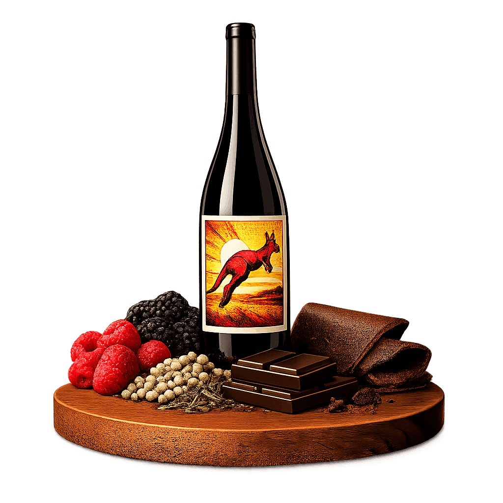 Artistic label and flavor profile for Australian GSM Red on a rustic wooden table.