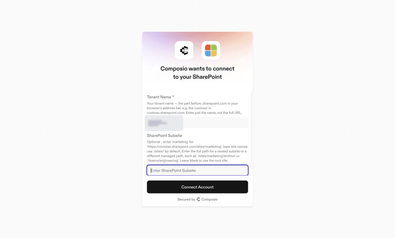 Tenant Name and optional SharePoint Subsite, with the QA tenant censored