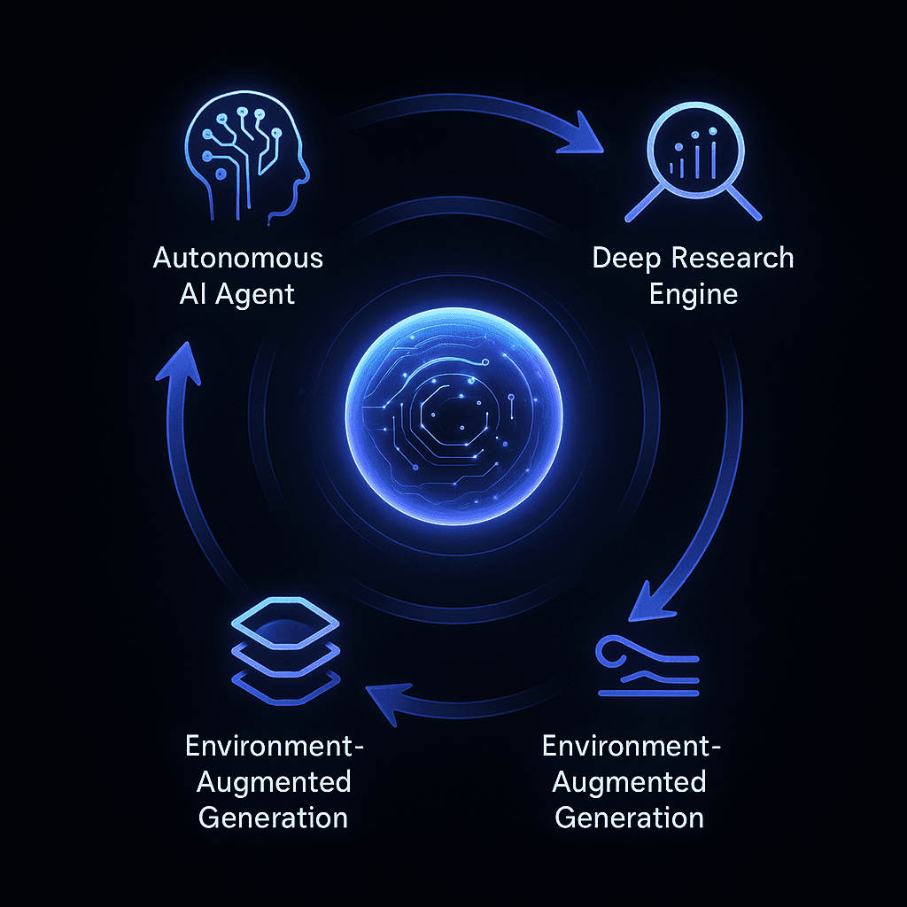 Conceptual network diagram of future AEO platform linking agents, deep research, and augmented generation units.