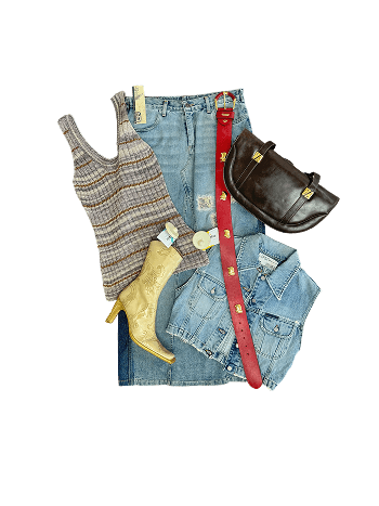 Arrangement of clothing: top, denim skirt, boots, vest, purse and a belt.