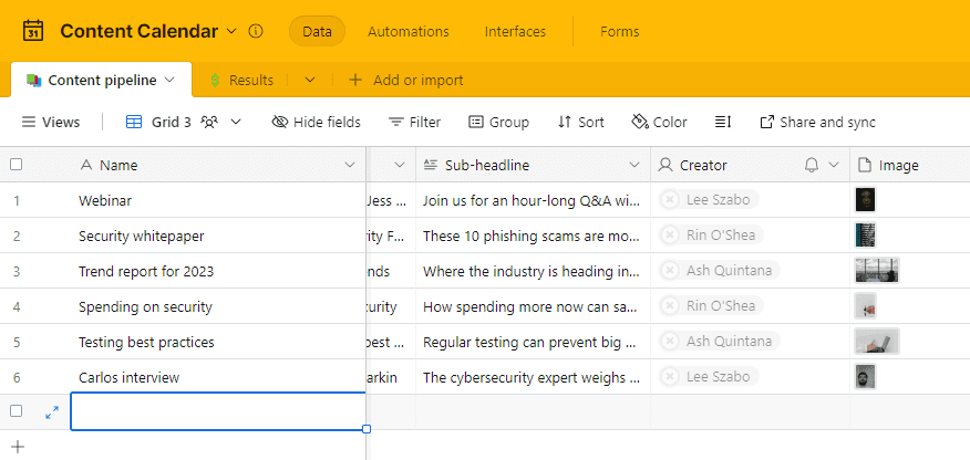 Airtable table with its spreadsheet-like interface giving users the option to filter, group, sort and arrange their data in dynamic ways.