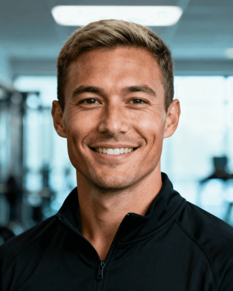 Smiling man with blond hair in a black athletic shirt. He looks directly at the camera with a friendly expression.