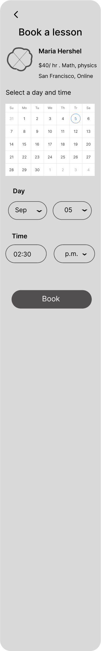 Tutorly Book a lesson screen, phone, wireframe
