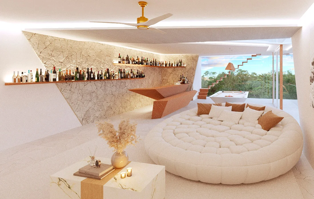 Sala lounge circular de Casa Sept con bar de vino, billar y ventanales hacia vegetación tropical