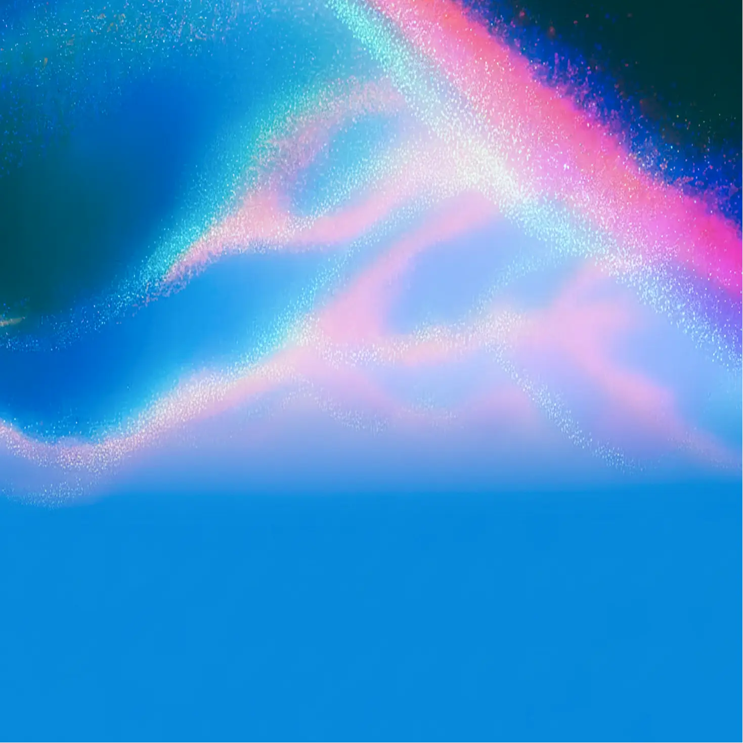 Abstract digital art with a vibrant gradient of blue, pink, and white particles creating a luminous wave effect.