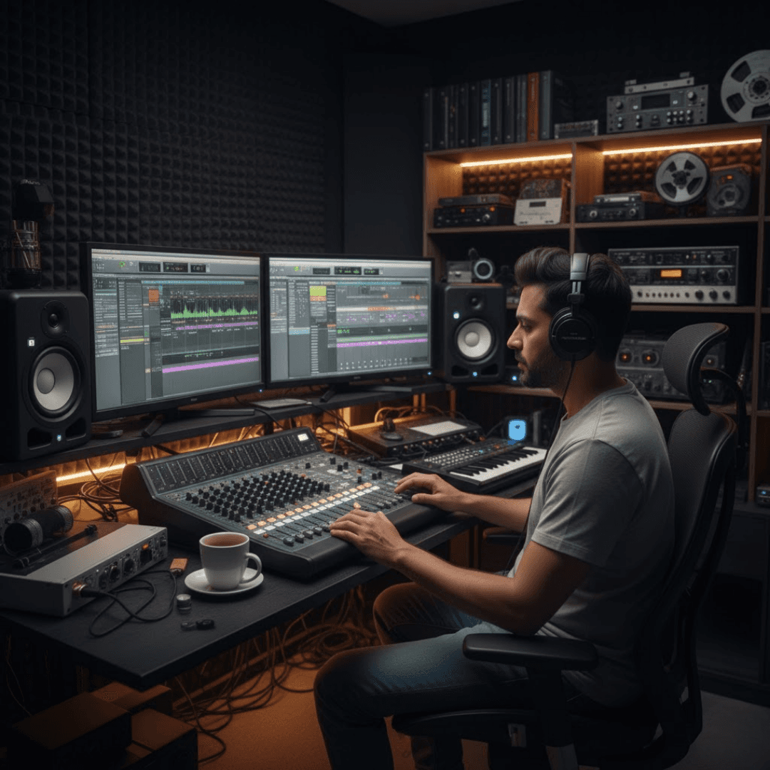 Sound designer mixing audio on a digital console in a studio with dual monitors and professional recording equipment.