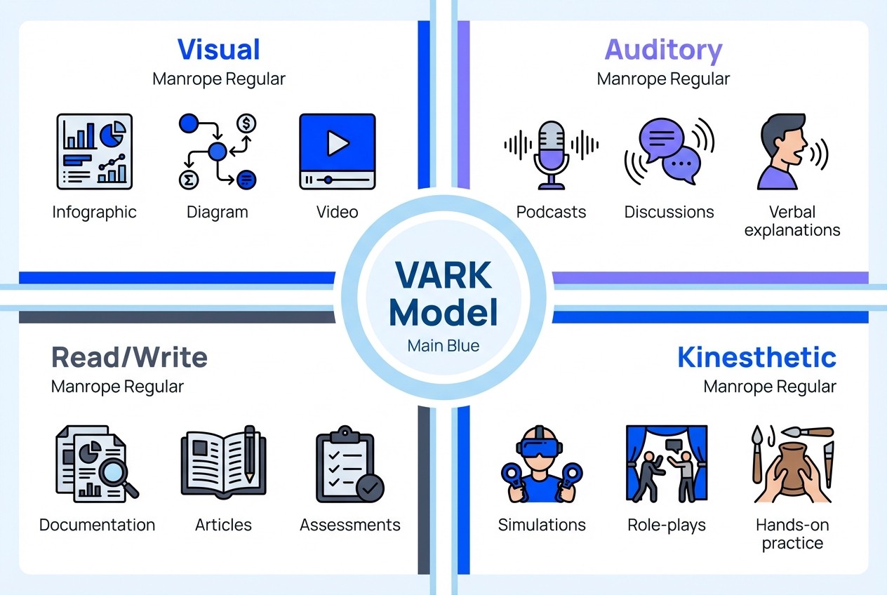 VARK model diagram showing four multimodal learning modalities: Visual, Auditory, Read/Write, and Kinesthetic for corporate training
