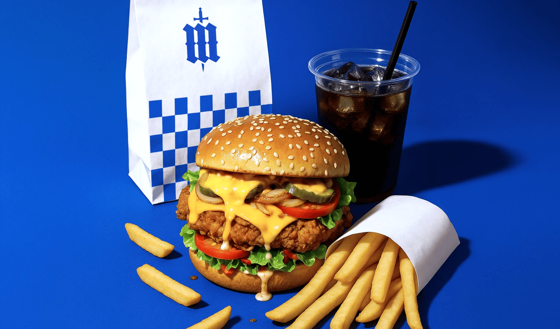 Fast food meal with a fried chicken burger, French fries, and a soda on a blue background, with a branded bag reading "metz."