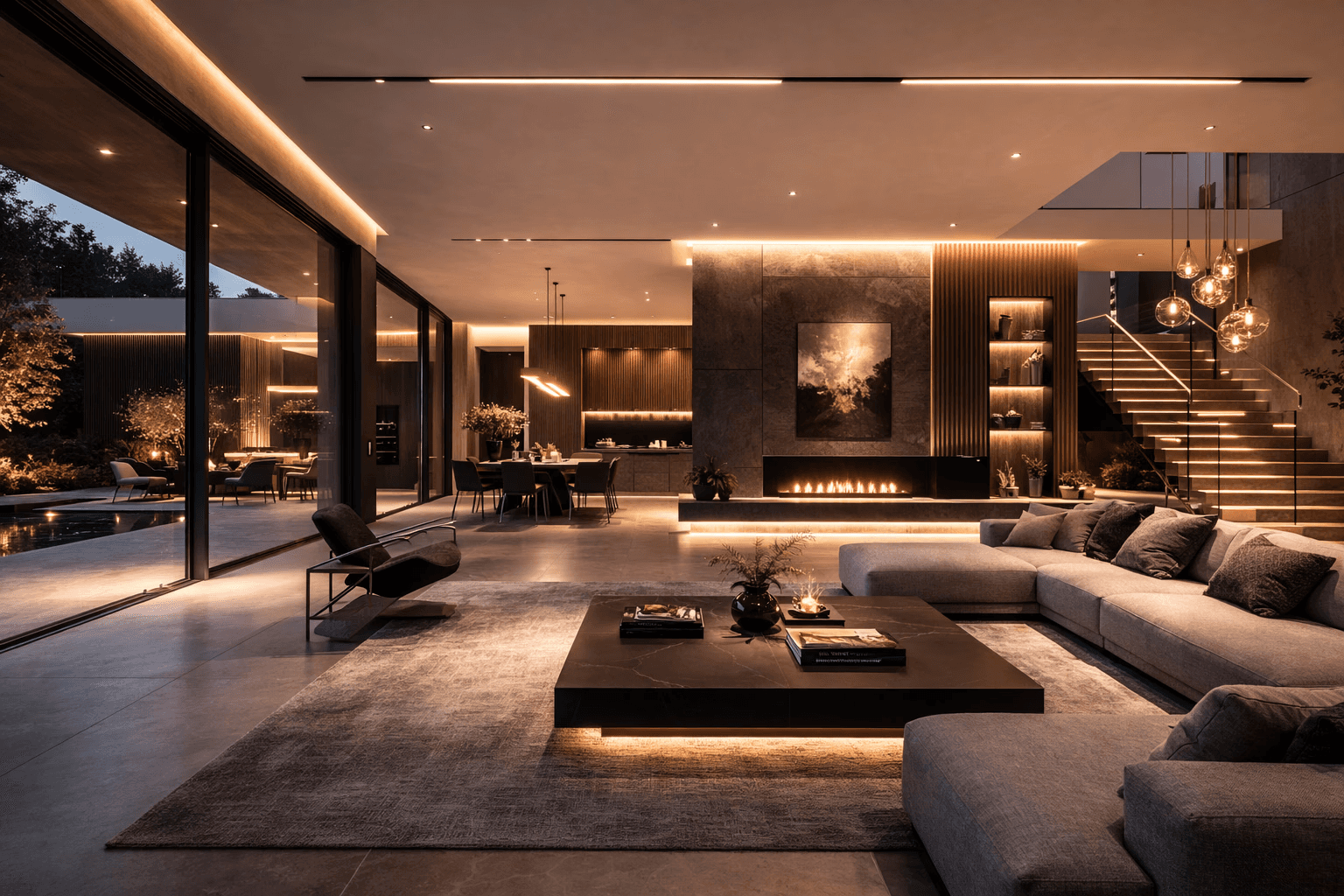 Warm evening lighting throughout a contemporary living room