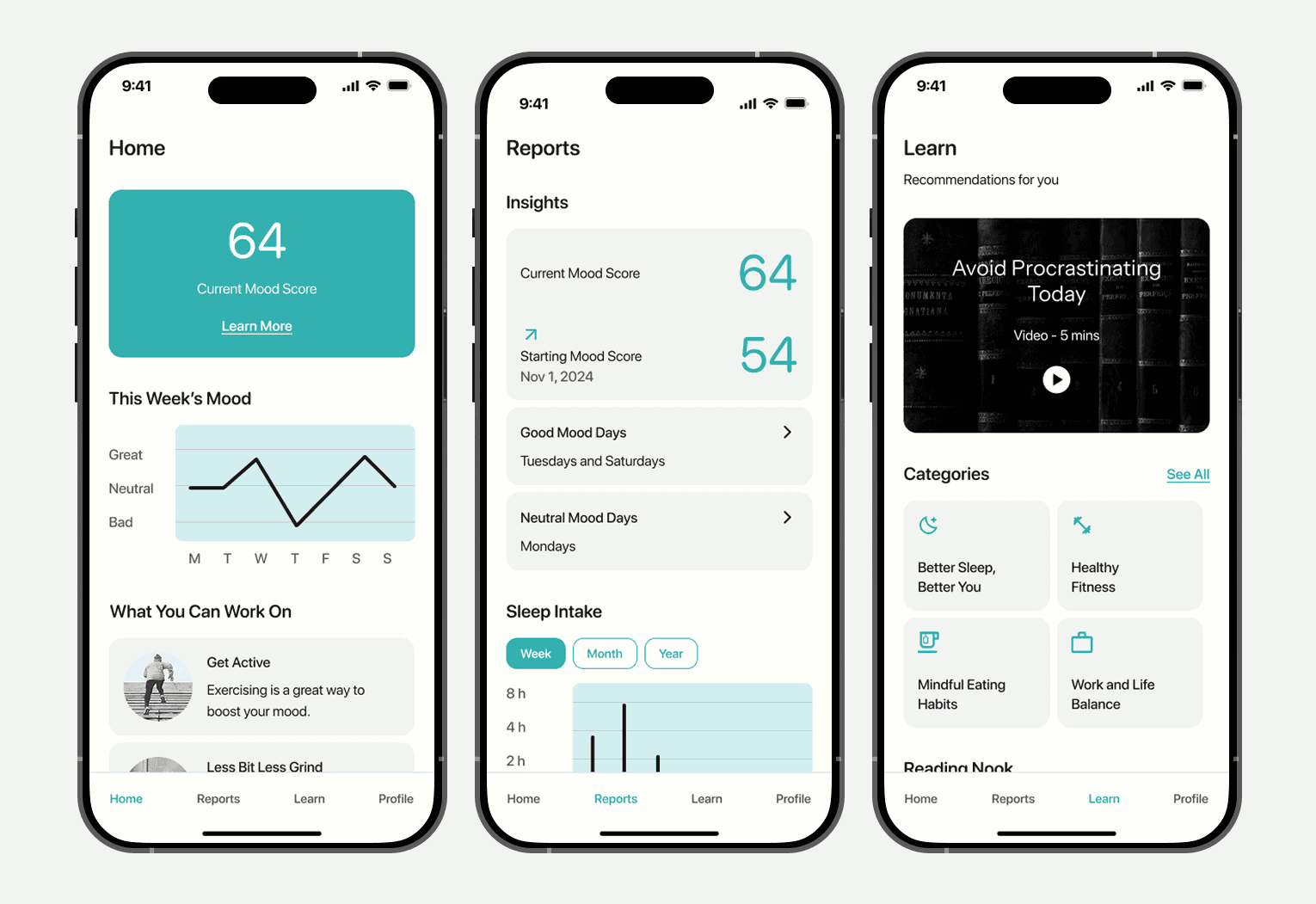 3 screens of Bluemind's homepage, report page, and learn page