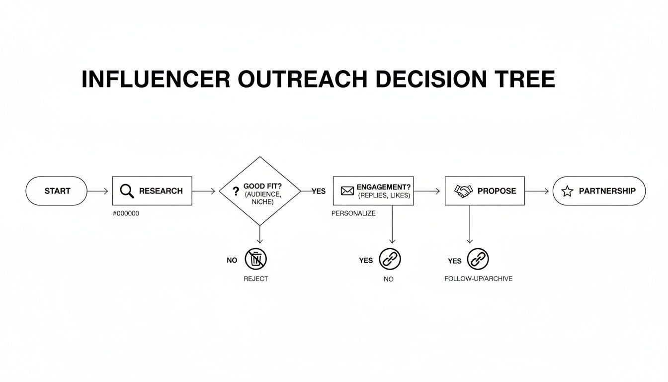 Flowchart outlining an influencer outreach decision tree, from initial research to a potential partnership.
