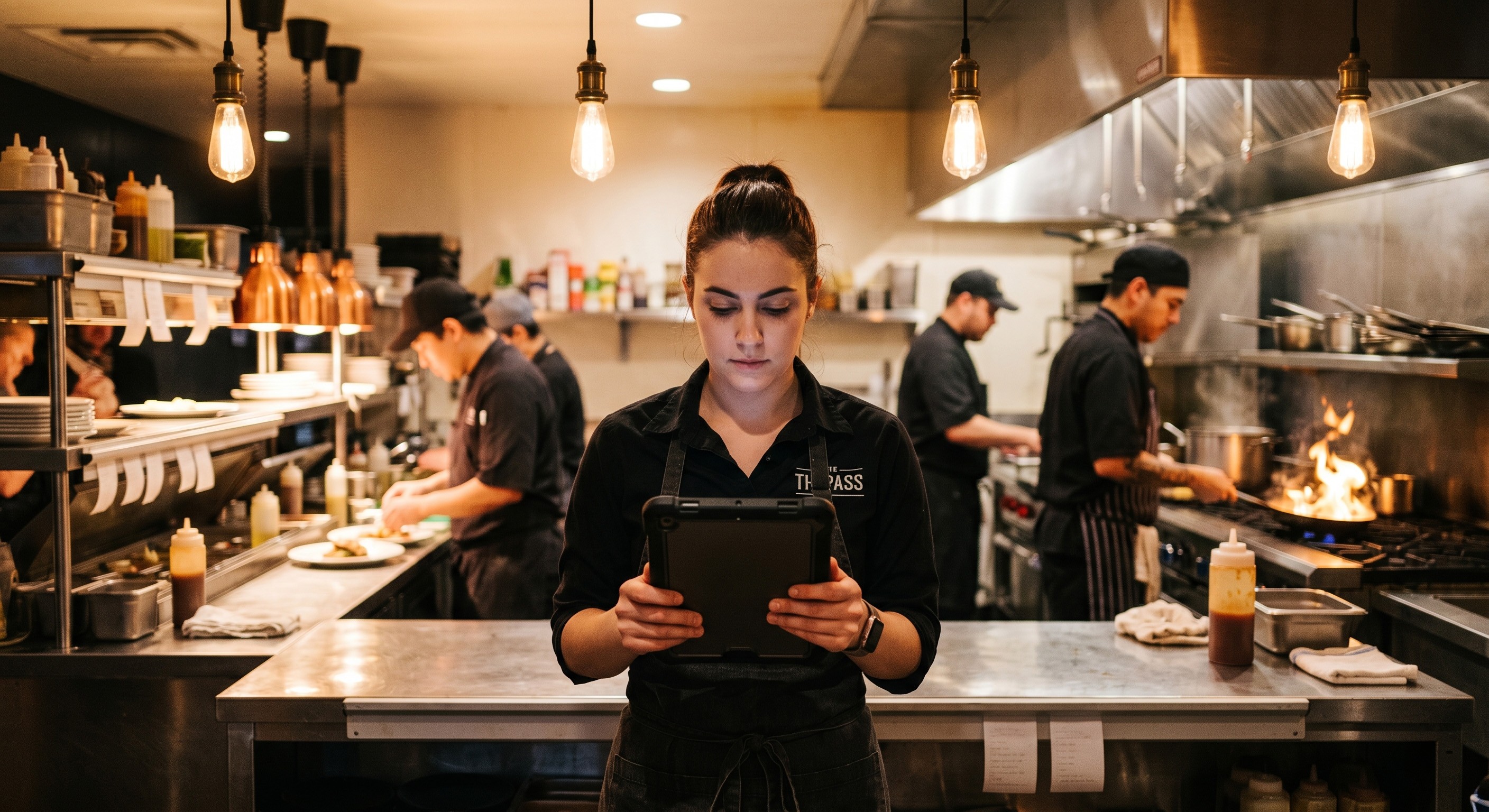 A restaurant operator reviews financial numbers in the back of house kitchen in the restaurant