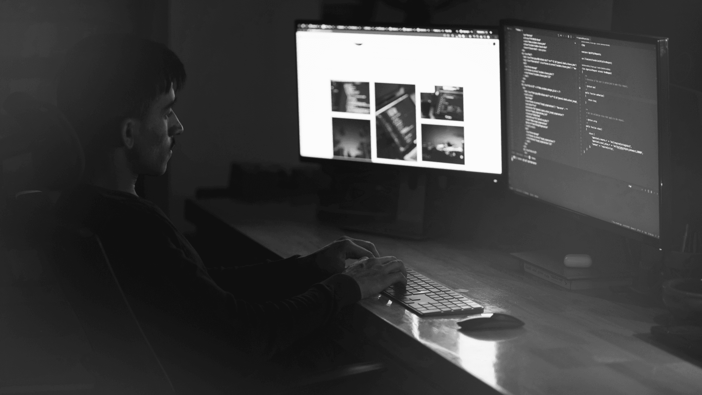 man sitting at a computer with two monitors