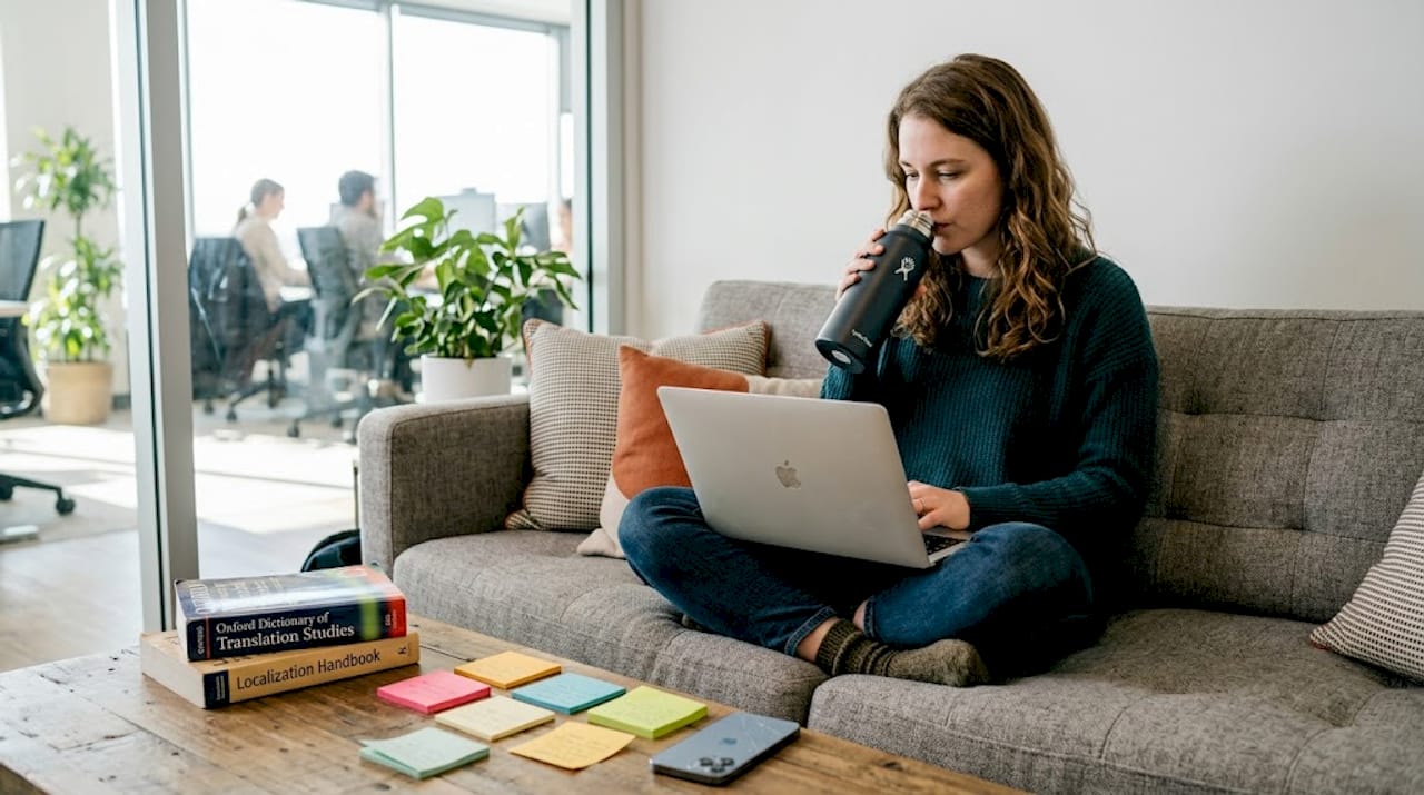 Woman integrating glossary on laptop in office