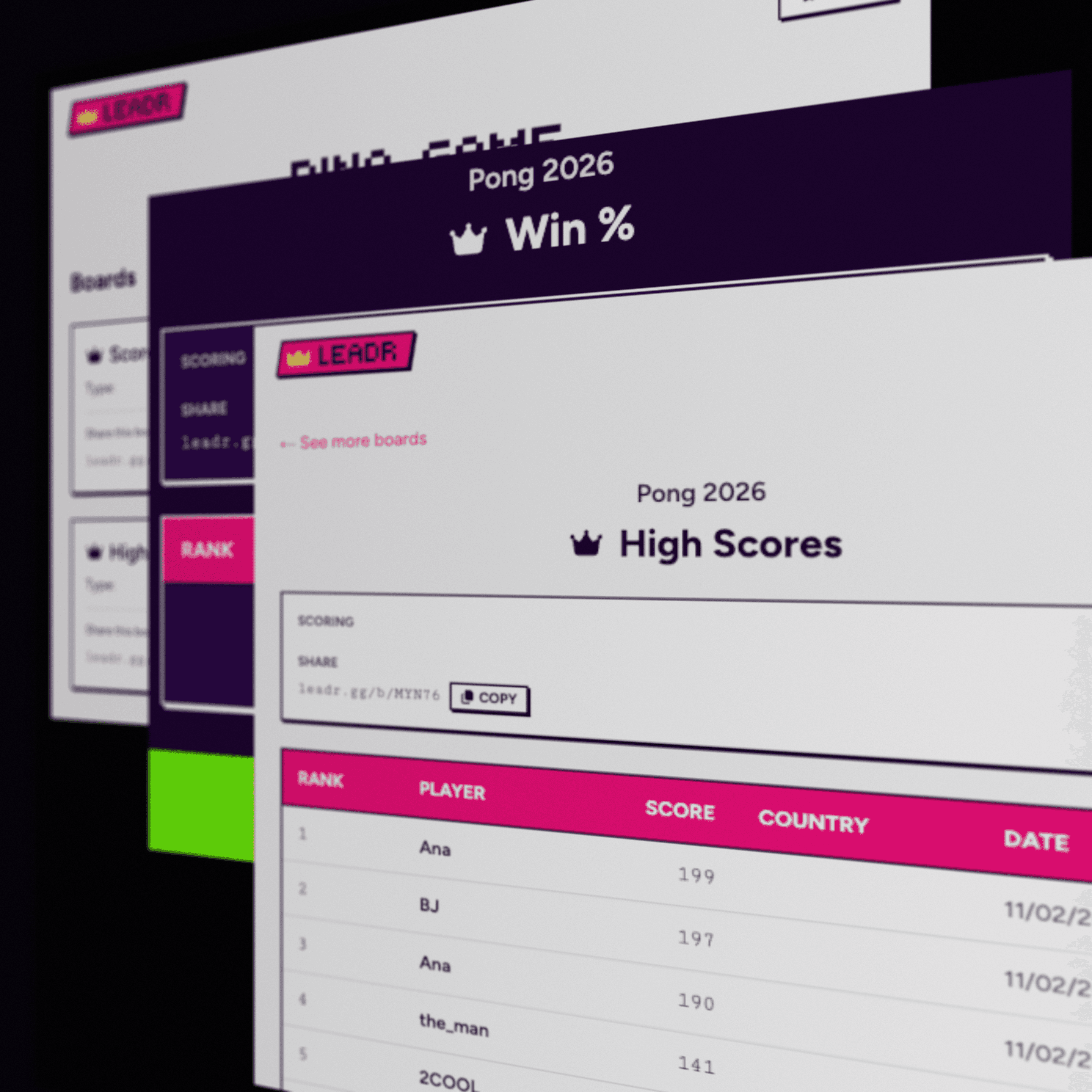 Examples of LEADR live leaderboard web pages