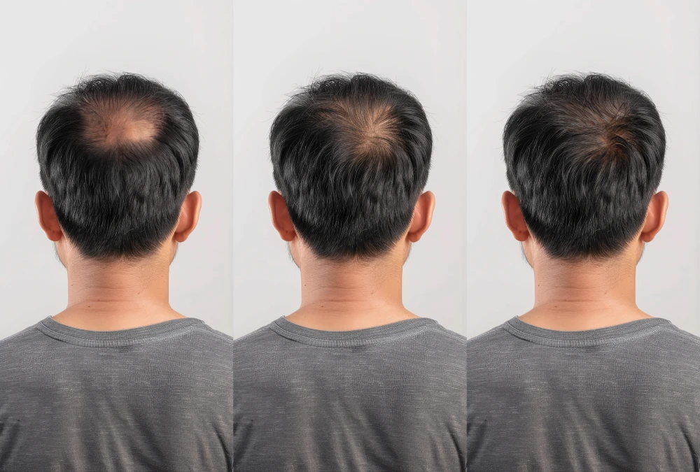 Progressive hair restoration results in a man with thinning hair.