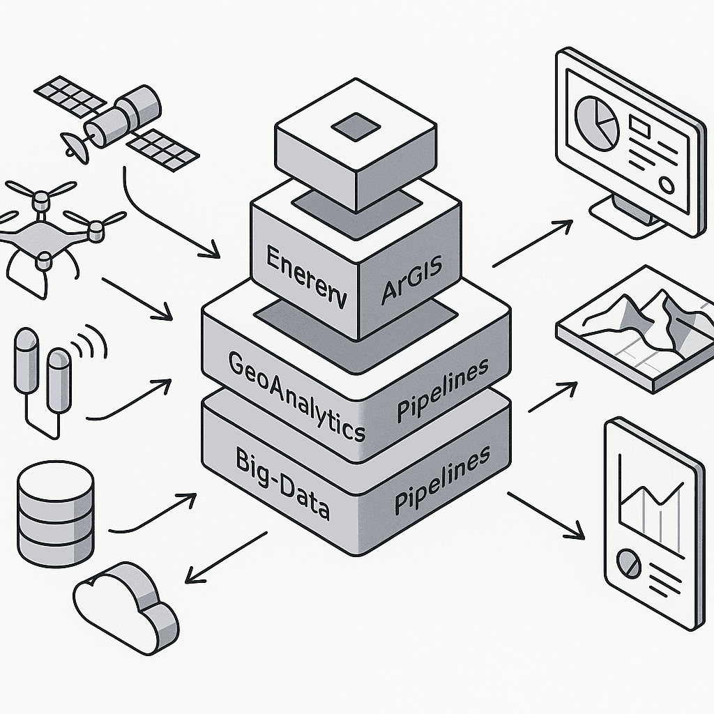 Abstract flow diagram of enterprise GIS integrating diverse spatial data and outputting analytic dashboards