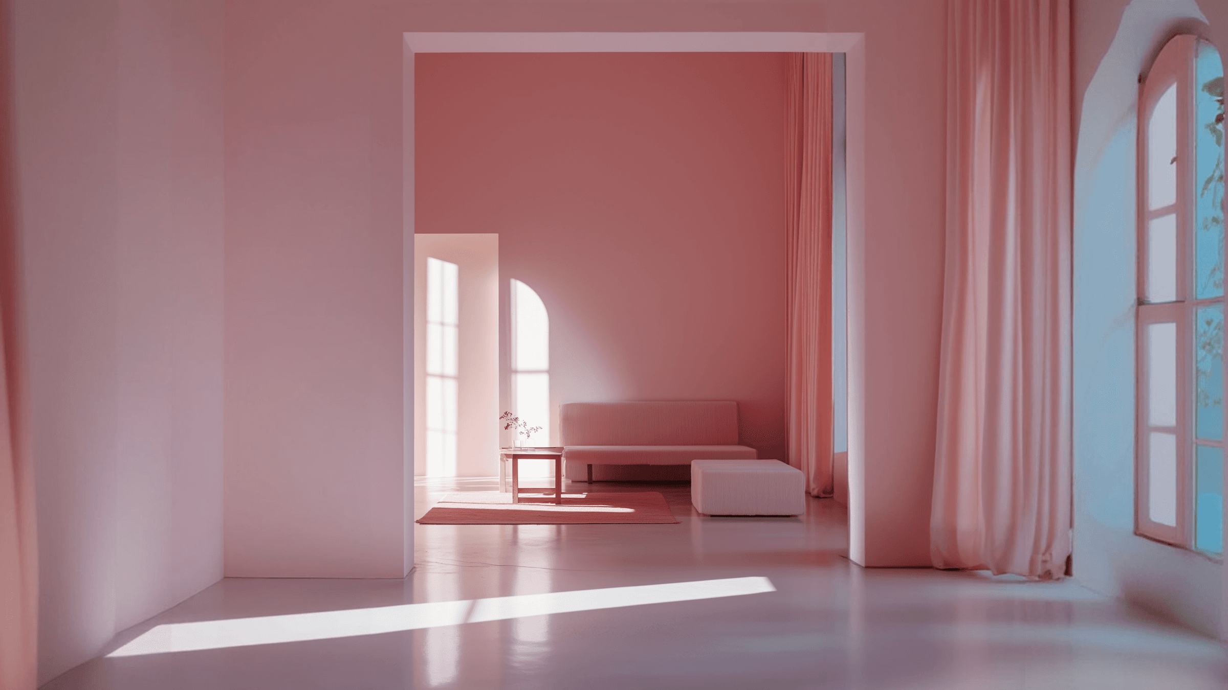 A serene interior space with soft pink walls, light streaming through, and a minimalist aesthetic.