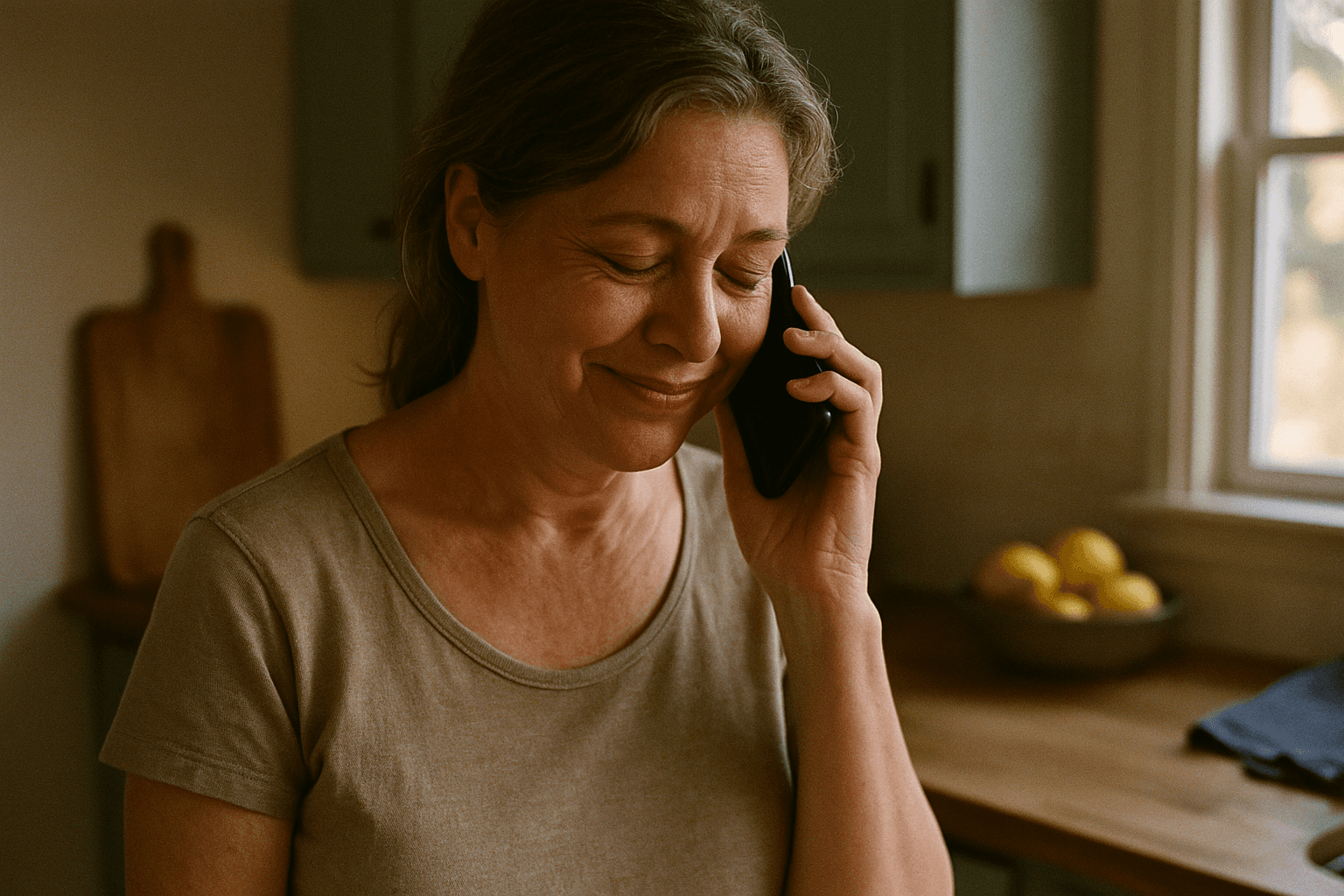 A middle-aged woman smiles with relief while taking a call in her kitchen at dusk.