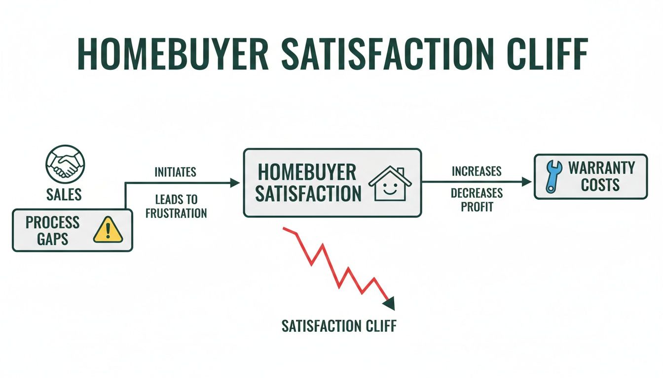 Diagram illustrating the homebuyer satisfaction cliff, showing how process gaps lead to frustration and increased warranty costs.