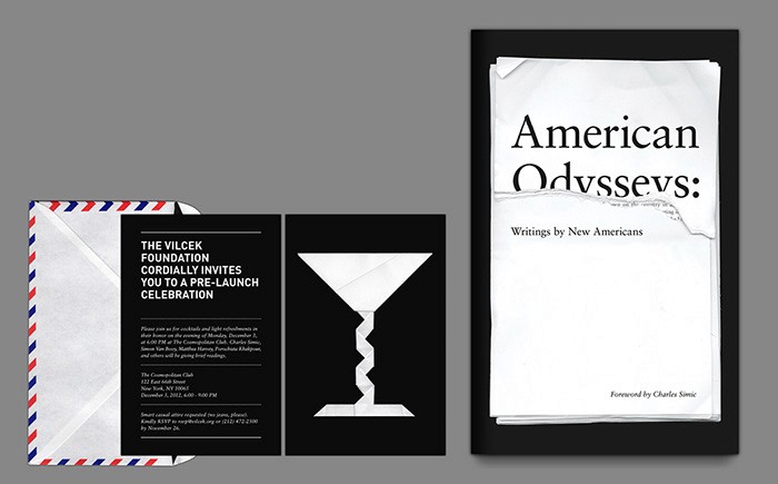 An envelope with a black and white card over it. The card has some text and a drawing of a white champagne glass. Also there are some sheets of paper with text: American Odysseys.