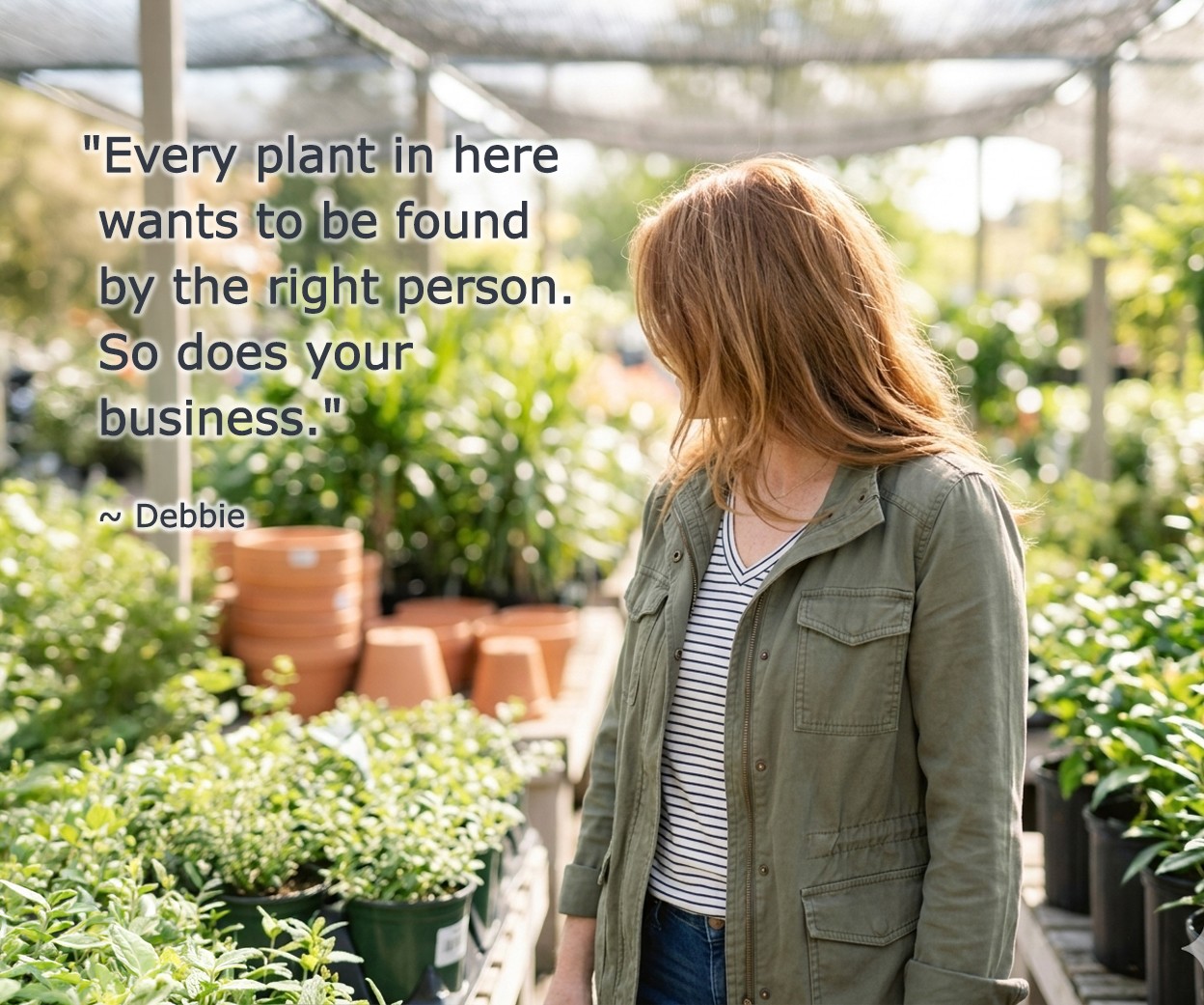 red hair woman in a garden center with a green jacket on